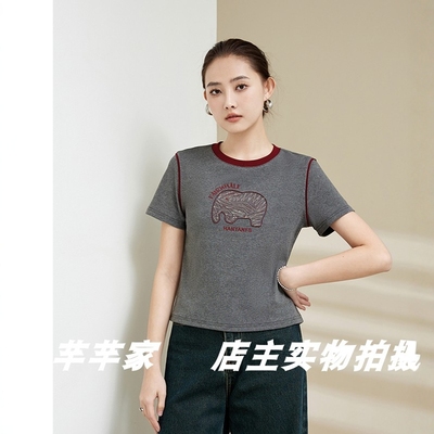 福钰禧H83530短袖女T恤2025夏圆领纯棉刺绣大象小个短款时尚上衣