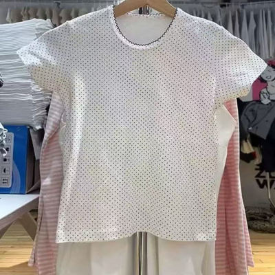 BM官网美式复古花边波点印花短袖T恤bm风修身显瘦百搭BM上衣女