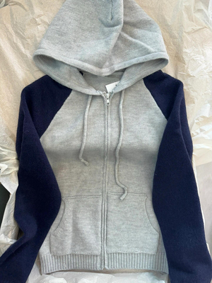 BM官网美式复古拼色连帽毛衣外套bm宽松休闲百搭拉链开衫上衣女潮