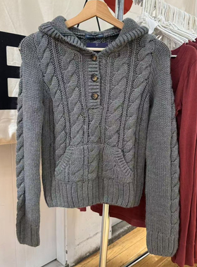 Brandy Girl BM新款美式复古连帽麻花毛衣bm宽松显瘦针织上衣女潮