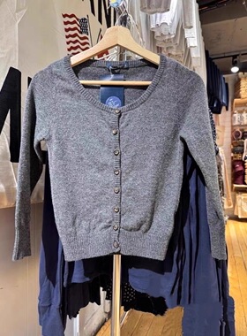Brandy Girl BM复古深灰色针织开衫女BM修身圆领螺纹收口毛衣外套