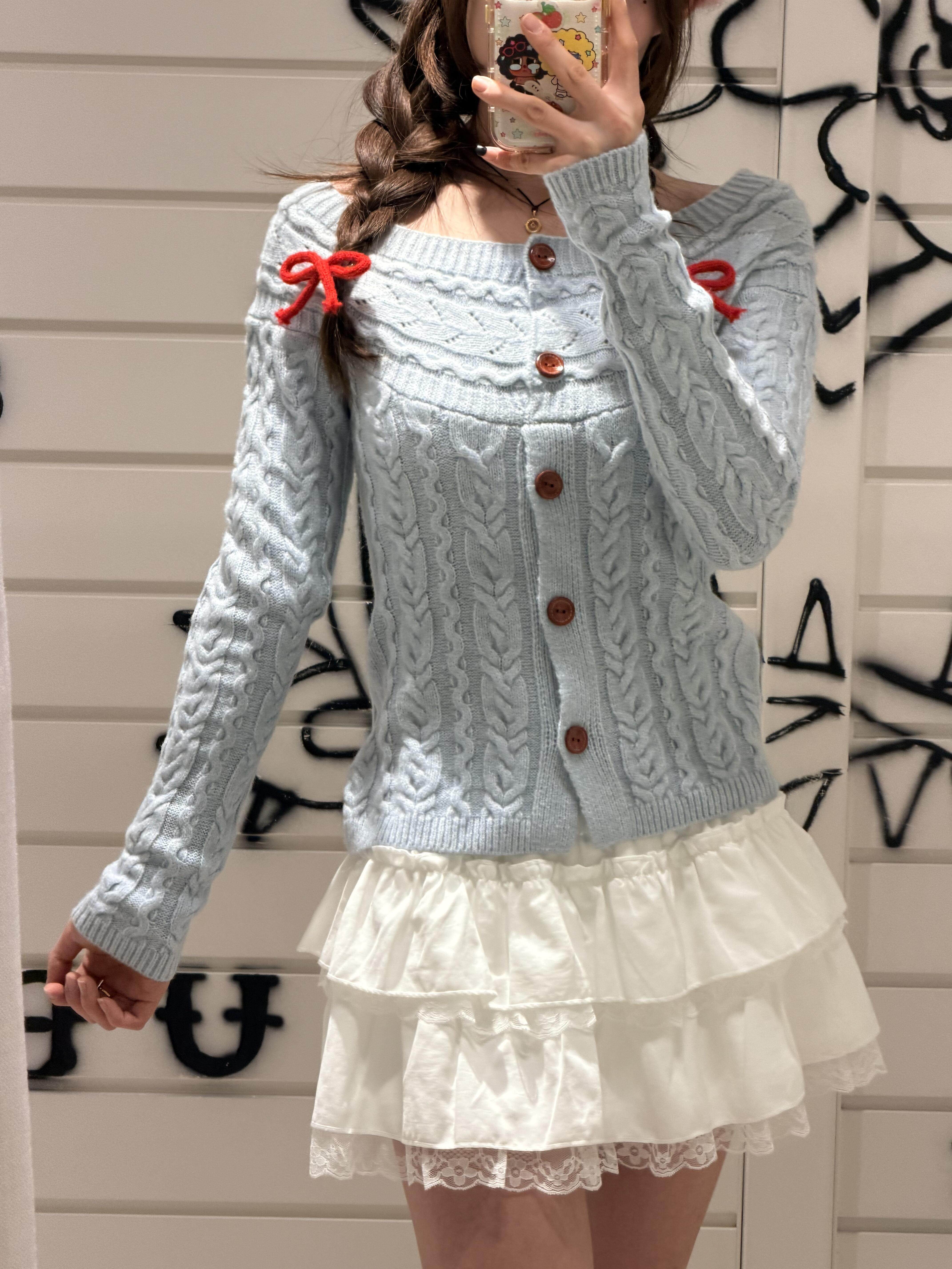 WM新款麻花纹针织开衫女长袖纽扣修身显瘦纯欲韩式通勤bm毛衣外套