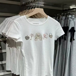 BM新款 T恤bm百搭圆领正肩短上衣女 美式 复古纯棉白色兔子印花短袖