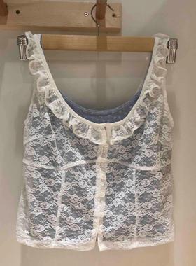 Brandy Girl BM新款蕾丝网纱木耳边小飞袖纽扣吊带背心上衣女