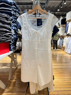 BM官网新款白色花边领收腰系带吊带连衣裙bm修身短裙子小白裙