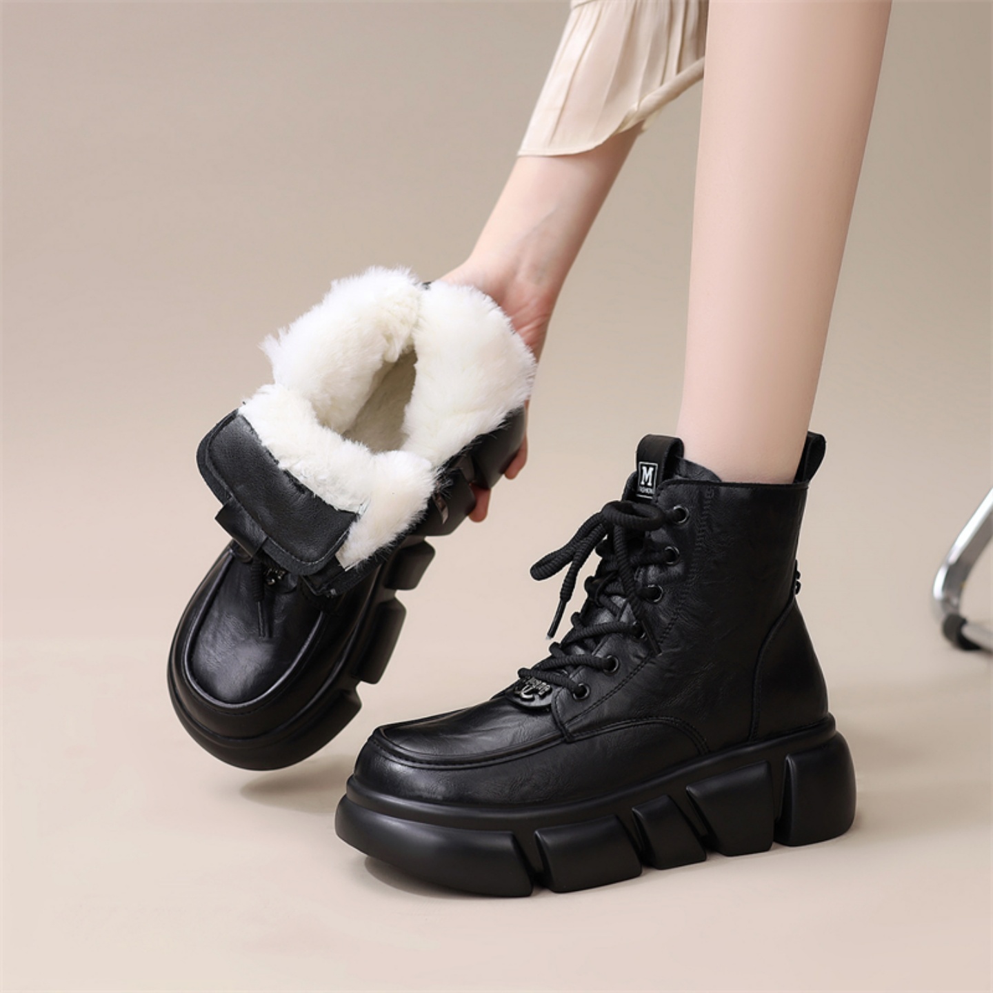 真皮松糕厚底羊毛雪地靴增高短靴