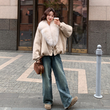 大毛领卡其色短款派克羽绒服女冬季新款超火好看加绒加厚工装外套，女装羽绒服，2C062