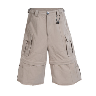 巴黎风格重工洗水做旧解构拼接cargo可拆卸七分裤迷彩工装短裤INS