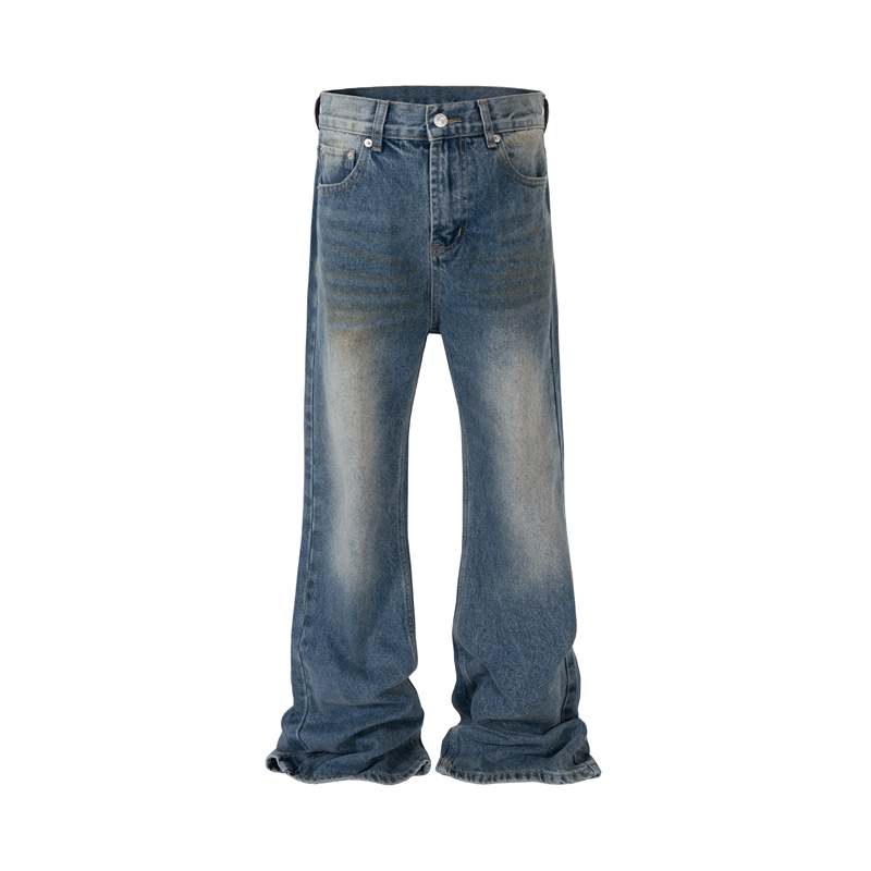 24SS巴黎风格秀款蓝色微喇牛仔裤Flared猫须水洗复古男女牛仔裤潮