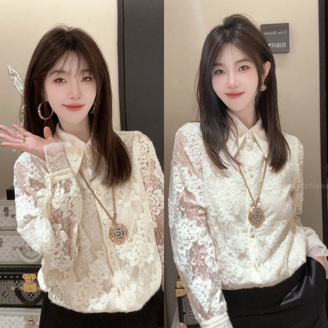 ccstations翻领碎花蕾丝竖排扣衬衫