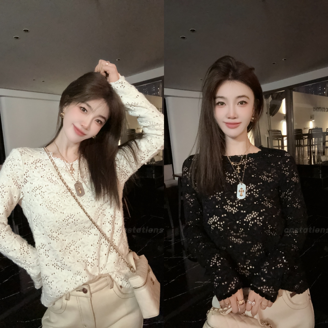 ccstations弹力后排扣圆领镂空刺绣花打底衫