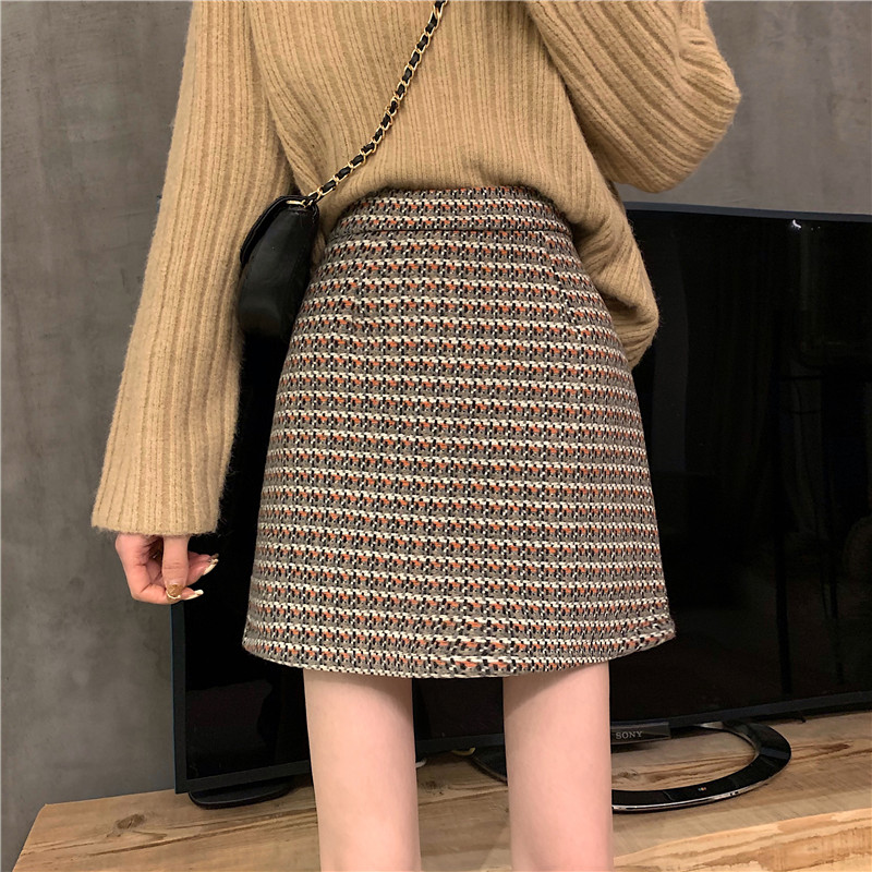Korean version of high waist shows thin and thick retro Plaid hip skirt with lining