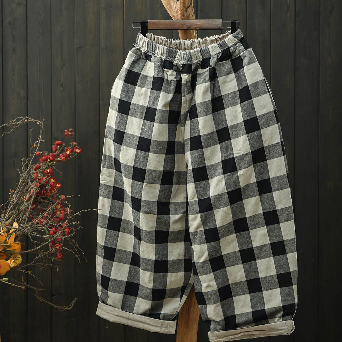 默念文艺格子薄棉棉麻夹棉灯笼裤女2025冬季大码松紧腰保暖休闲裤,女装/女士精品,棉裤/羽绒裤,淘宝优惠券,粉丝福利购,淘宝优惠卷