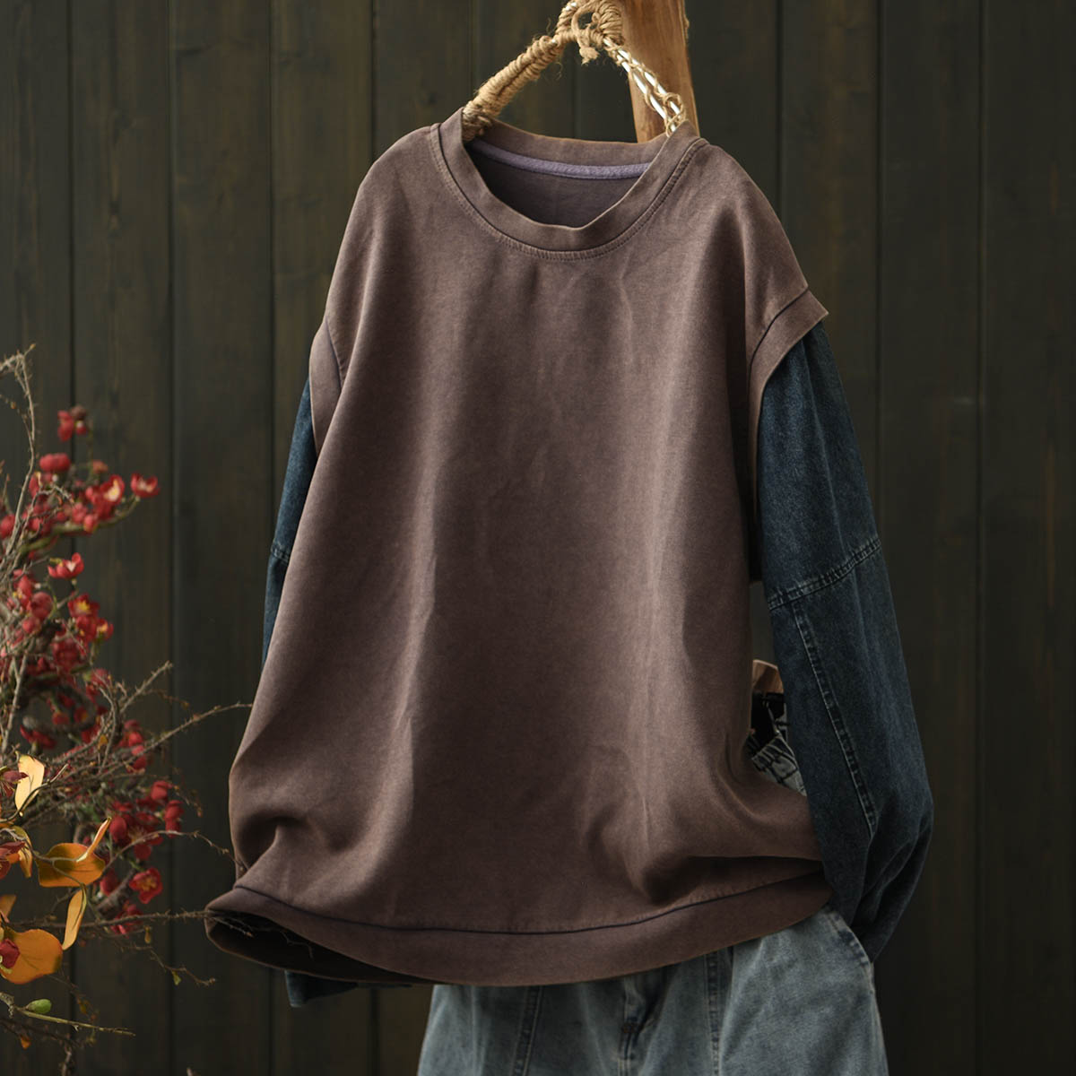 炒色做旧牛仔拼袖宽松卫衣女秋季