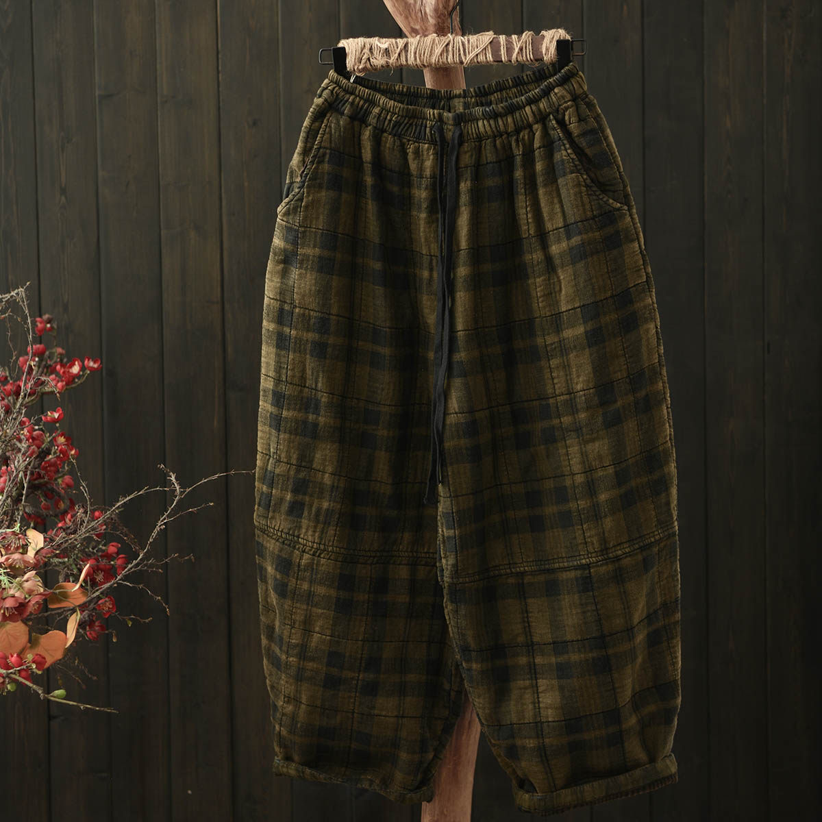默念简约格子亚麻夹棉系带松紧腰棉裤女冬宽松大码加厚保暖哈伦裤,女装/女士精品,棉裤/羽绒裤,淘宝优惠券,粉丝福利购,淘宝优惠卷