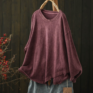 默念文艺炒色做旧针织长袖T恤女宽松大码秋季不规则下摆卫衣上衣