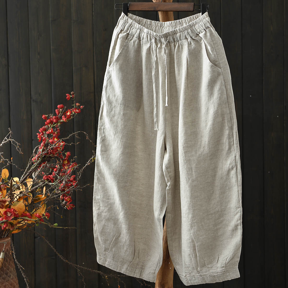 亚麻松紧腰休闲裤九分灯笼麻裤