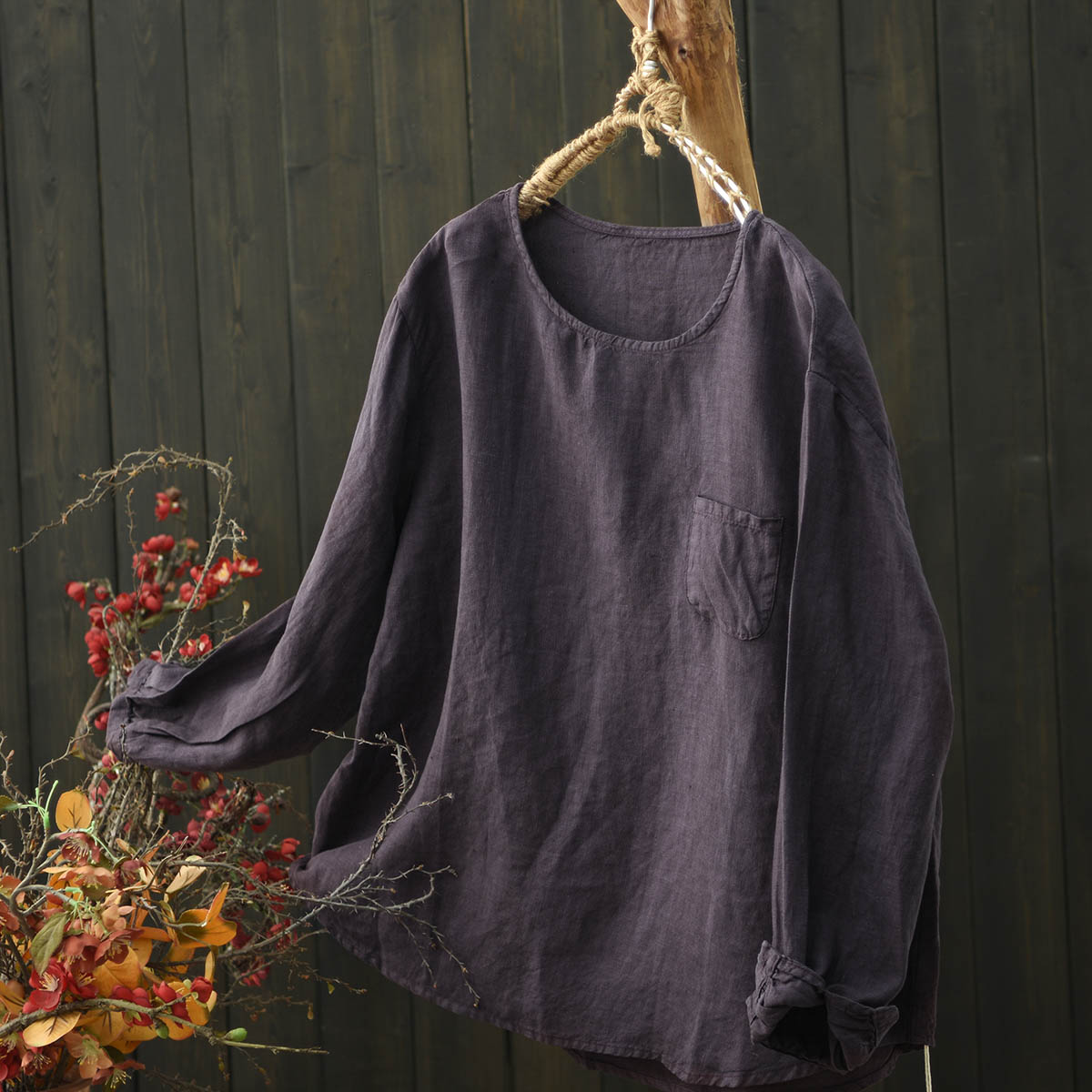 圆领亚麻纯色圆领套头T恤上衣女