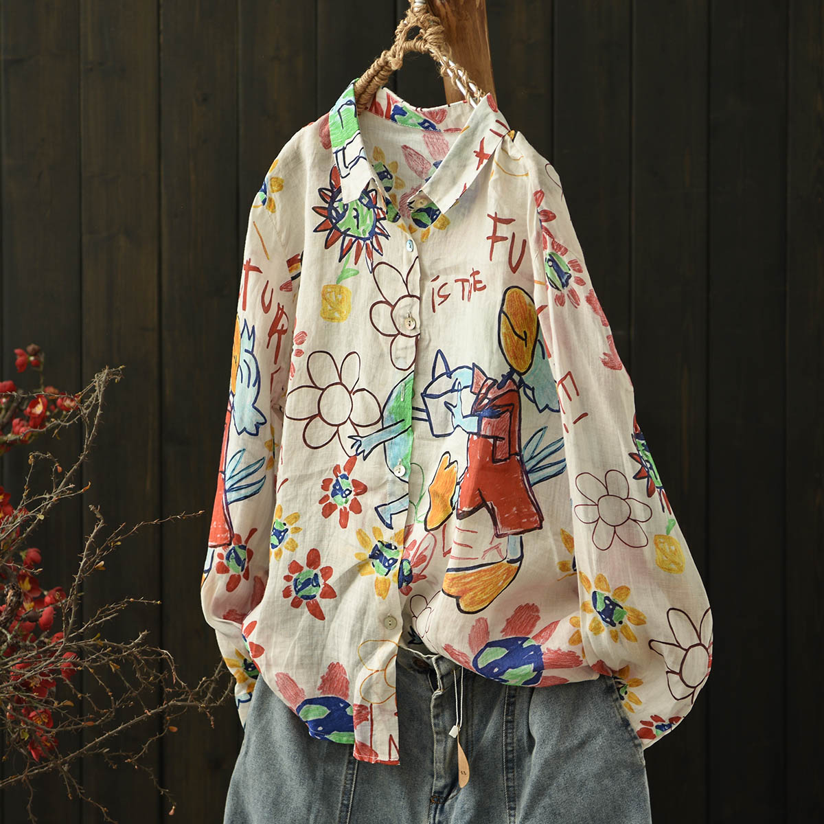 默念文艺森女苎麻印花翻领透气长袖衬衫女新款宽松系扣上衣打底衫