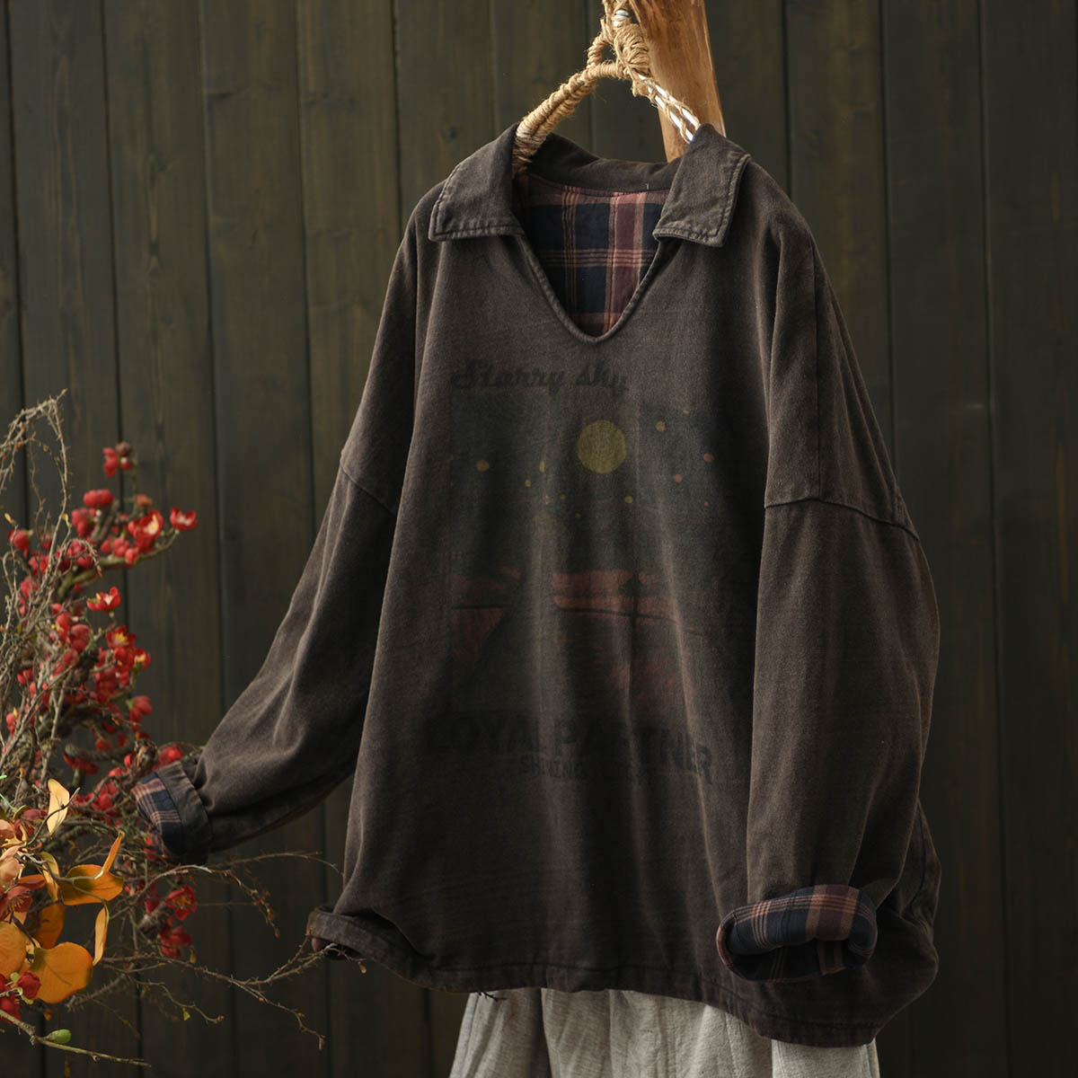 印花翻领落肩袖加绒卫衣女宽松