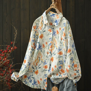 宽松系扣上衣打底衫 女新款 衬衫 默念文艺森女翻领苎麻印花透气长袖