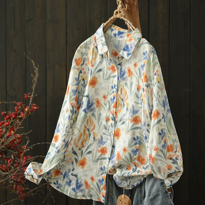 苎麻印花透气长袖衬衫女宽松秋款