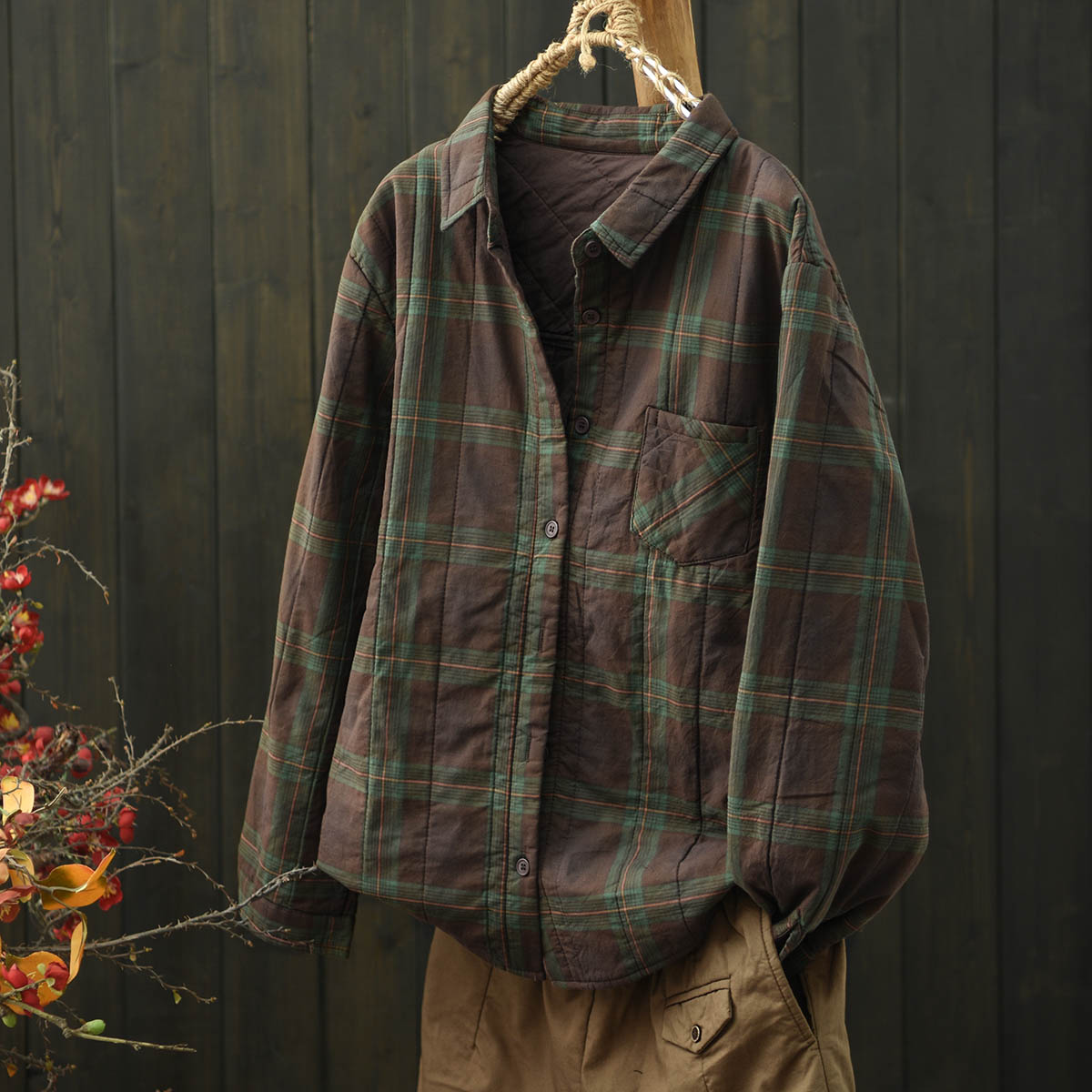 默念简约翻领格子夹棉棉麻加厚保暖衬衫女2025秋冬宽松棉衣上衣