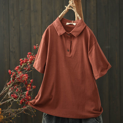 翻领半开襟纯色棉质T恤女短袖
