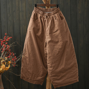 宽松纯色保暖休闲裤 默念文艺松紧腰棉麻夹棉灯笼裤 女九分2024冬季