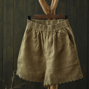 宽松休闲麻裤 女夏2025新款 花边阔腿裤 默念森女文艺松紧腰亚麻短裤