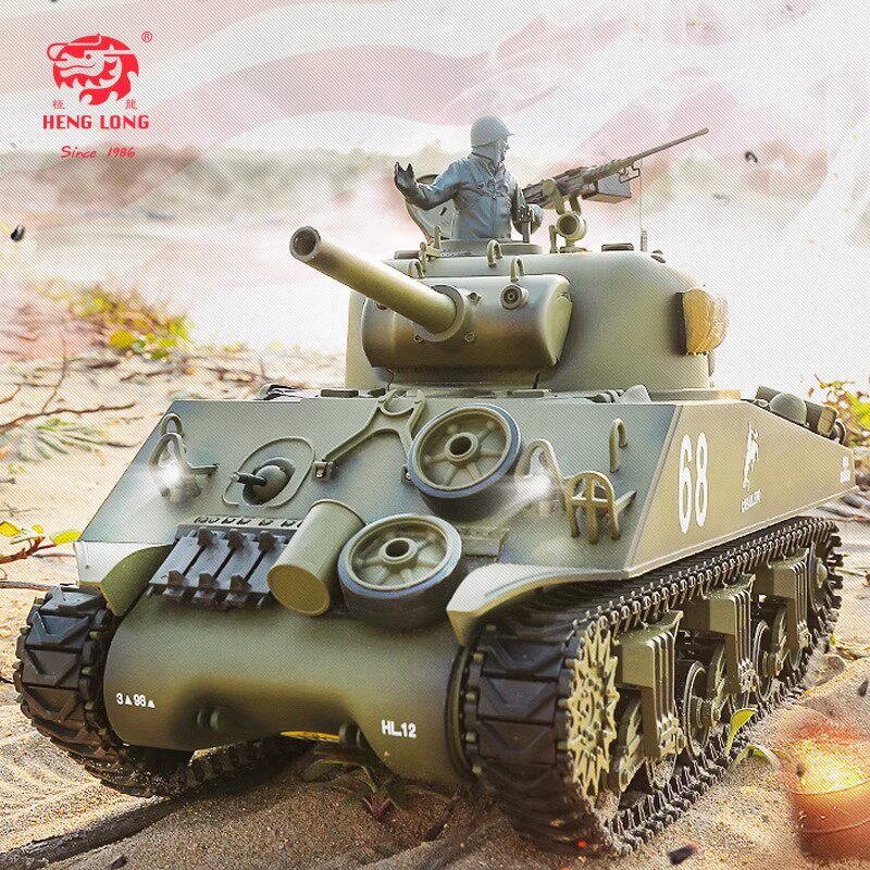 恒龙遥控坦克可发射金属四驱越野车电动充电对战男孩玩具车谢尔曼