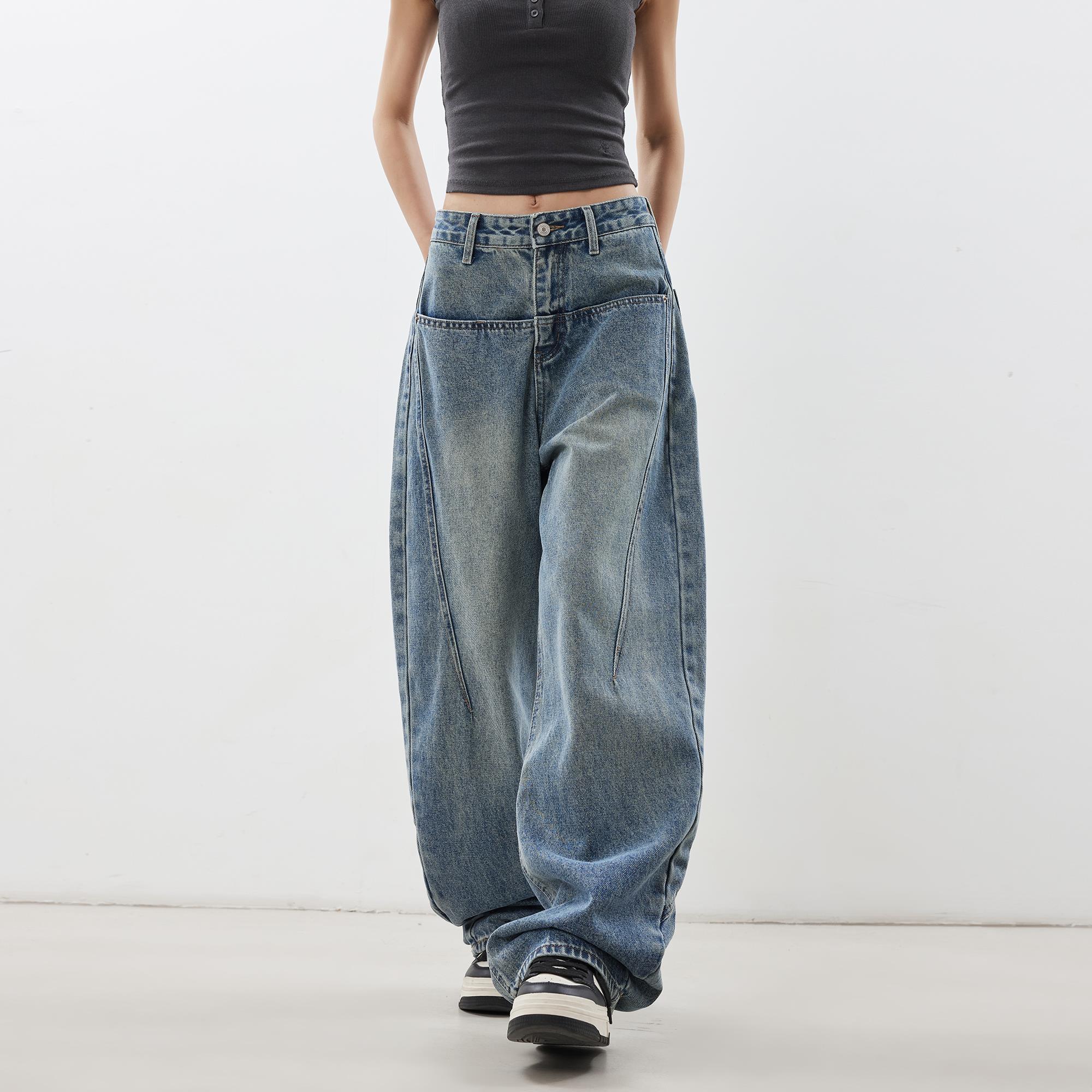 美式蓝色弯刀牛仔裤女2025秋冬宽松阔腿裤设计感高腰加绒裤子新款