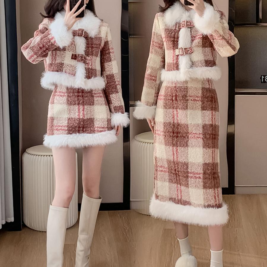 成套搭配套装裙子女冬加绒保暖小香风毛领高级感毛绒绒毛毛外套潮