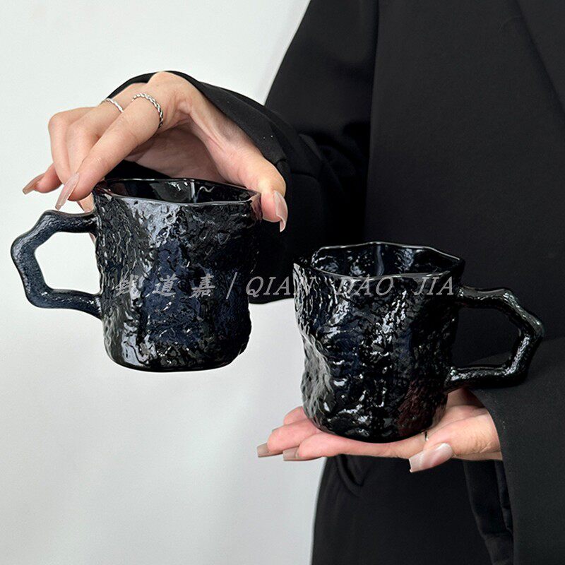 ins风高颜值不规则夜蓝魅岩枝栖杯带把冰川杯家用咖啡杯喝水杯子