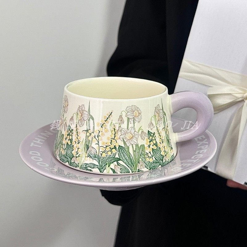 复古原创设计紫色风铃花咖啡杯碟套装高颜值高档精致下午茶马克杯