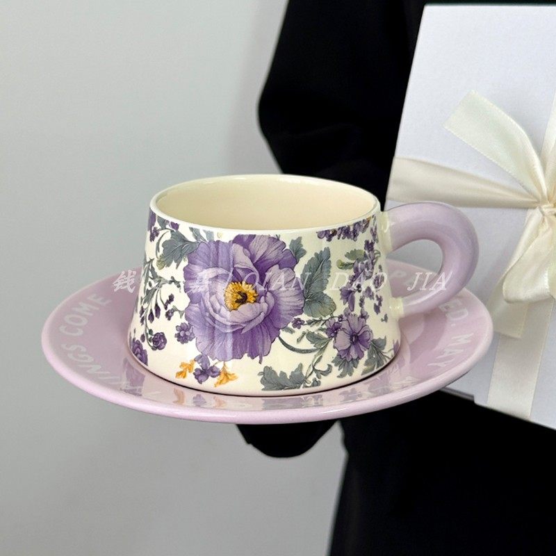 錢道嘉復古油畫般牡丹花開咖啡杯