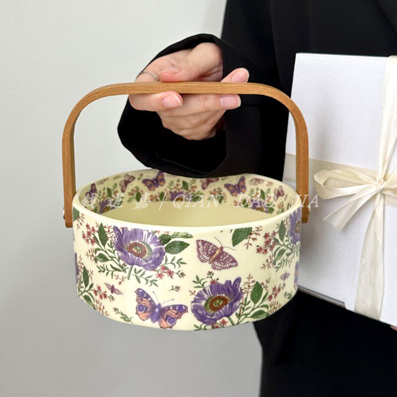 复古限定原创设计紫菀花高颜值家用果篮陶瓷水果篮零食干果点心盘