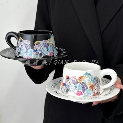 复古油画般水彩画咖啡杯碟套装原创礼物陶瓷杯礼盒装高级感伴手礼