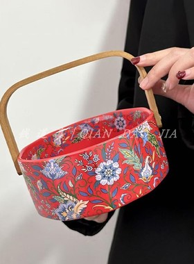 复古红色鸢尾花油画般手提水果篮陶瓷糖果盘果篮客厅家用水彩手绘