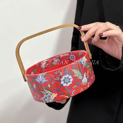 钱道嘉复古红色鸢尾花油画般提篮