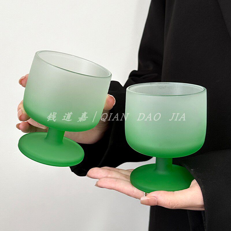 ins渐变绿矮脚杯磨砂玻璃杯高级感轻奢咖啡杯冷饮杯冰美式饮品杯