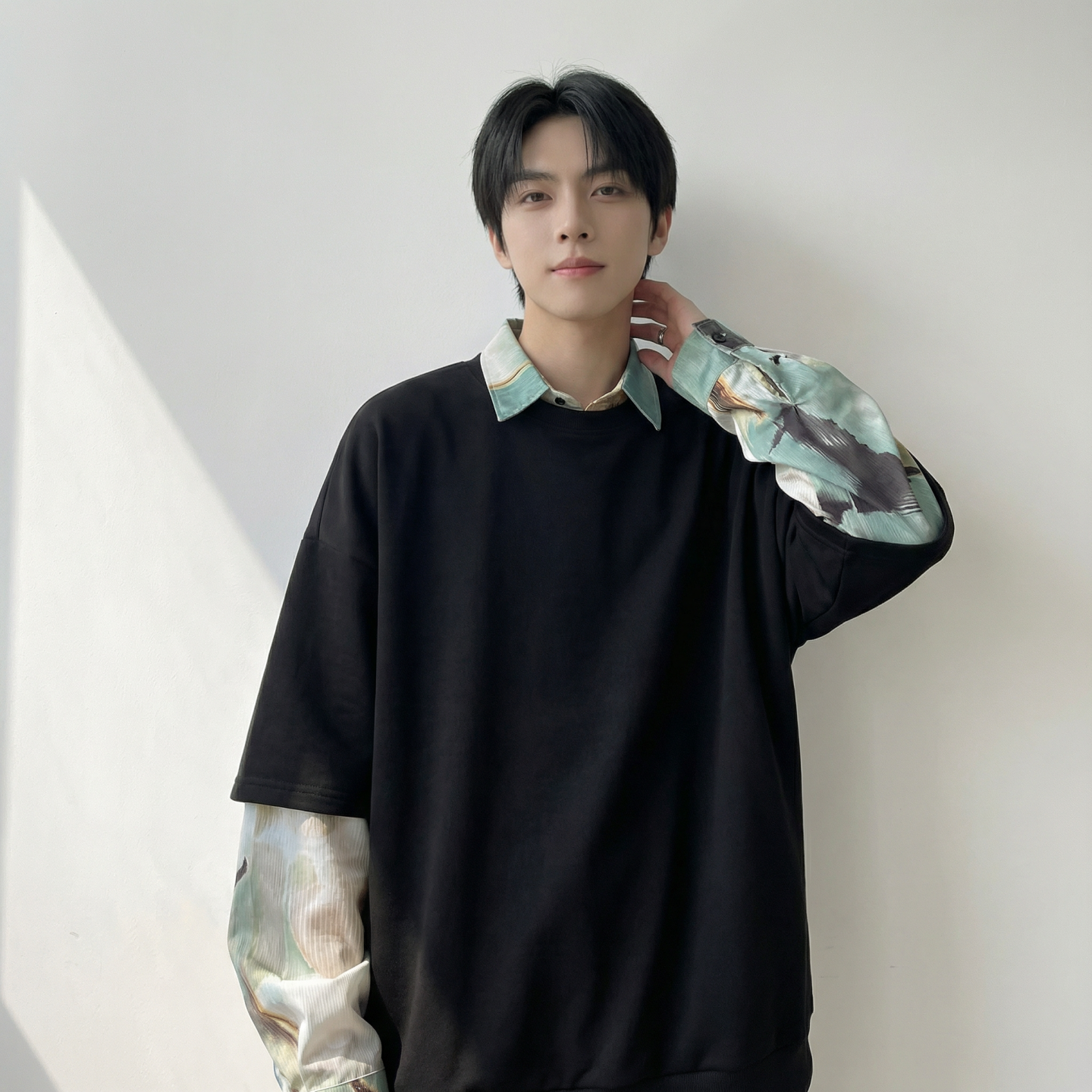 现货慵懒假两件衬衫领卫衣日系情侣碎花上衣A881-P65，男装衬衫，星座1017