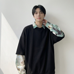 现货慵懒假两件衬衫领卫衣日系情侣碎花上衣 A881-P65，男装衬衫，星座1017