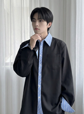 现货 高级感小众设计拼接衬衫男痞帅纯色宽松潮流衬衣 S1858-P68