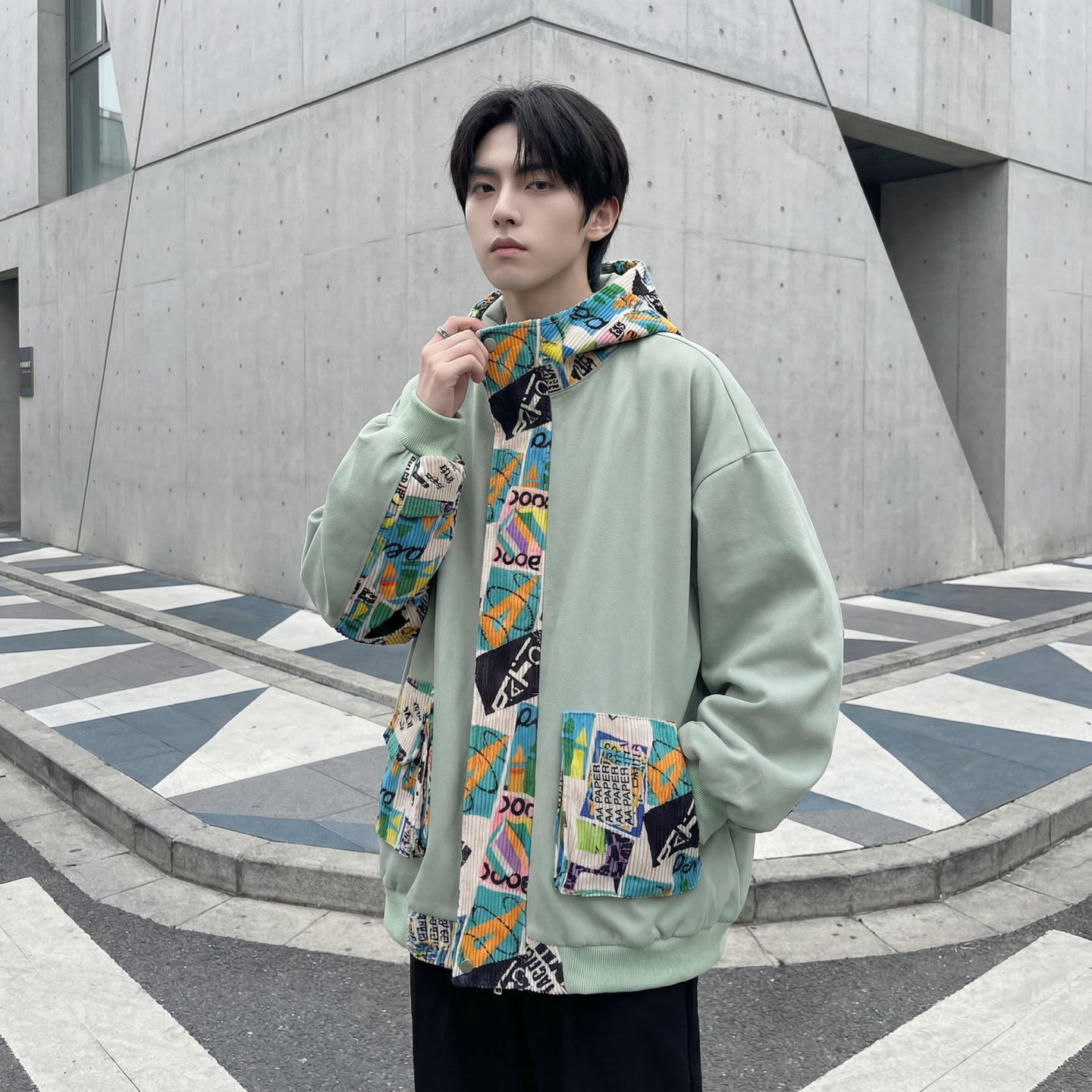 现货春款潮流涂鸦拼接夹克开衫连帽外套WT23-P75控96,男装夹克,星座1017