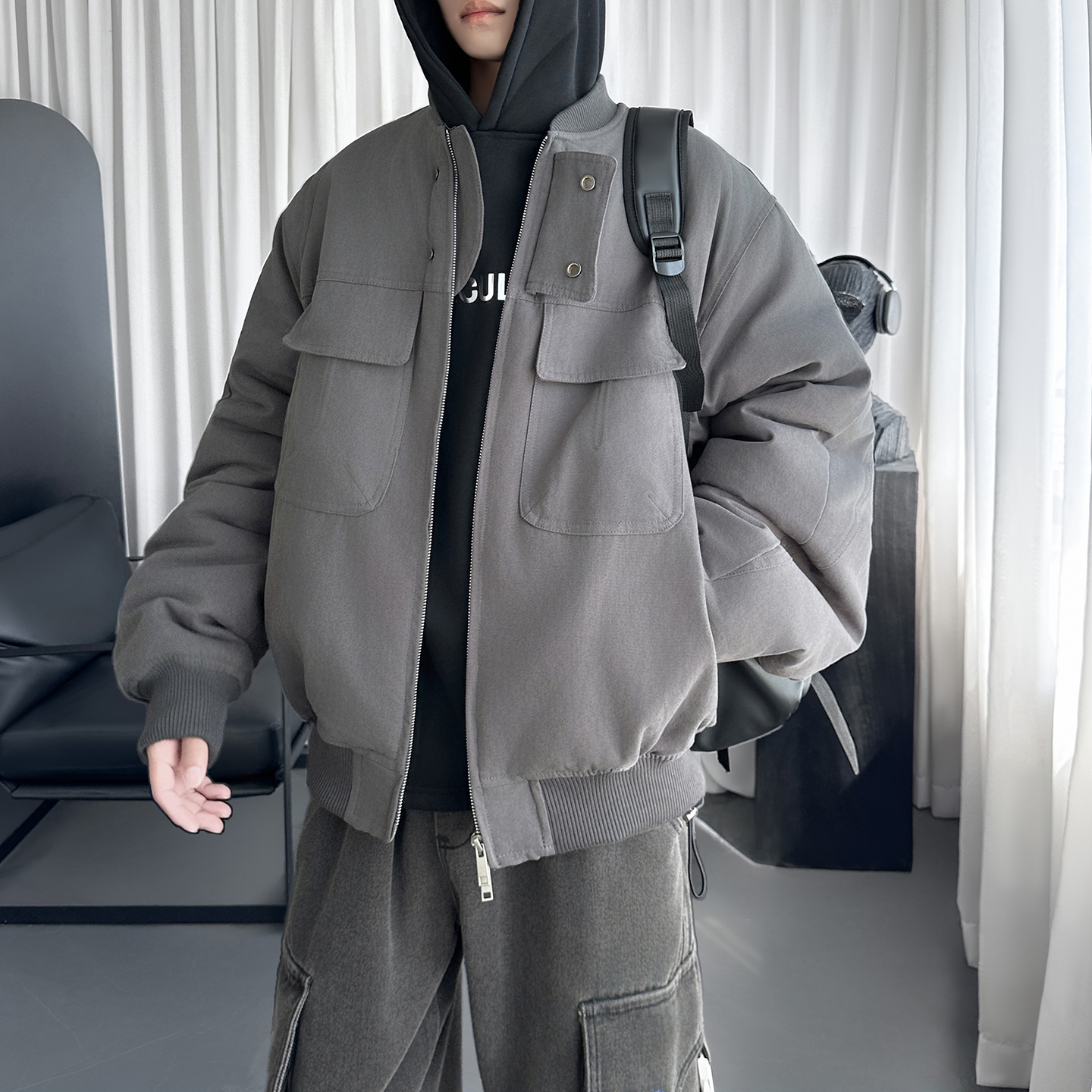 美式工装拉链加厚棉衣男宽松bomber飞行服外套帆布D5101-P128，男装棉衣，星座1017