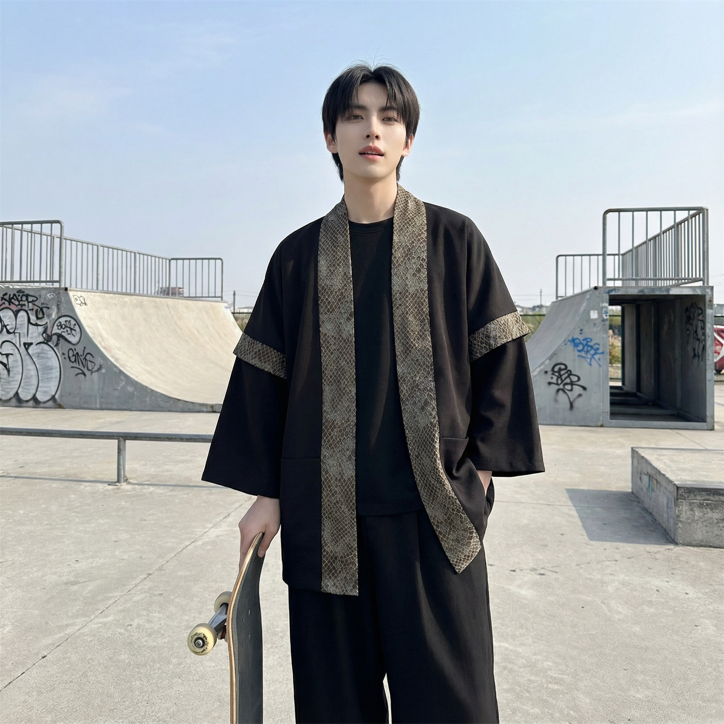 现货 春秋风蟒纹印花拼接男士道袍汉服 D3206-P78图片