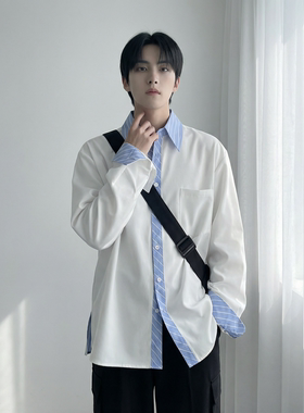 现货 高级感小众设计拼接衬衫男痞帅纯色宽松潮流衬衣 S1858-P68