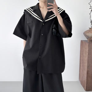 现货水手服DK学院风衬衫复古海军领皮蝴蝶结宽松男上衣 D382-P58图片