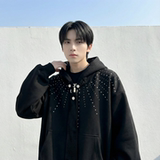 现货烫钻可拆卸领带设计连帽卫衣重磅细闪宽松慵懒外套W2056-P89，女装短外套，星座1017